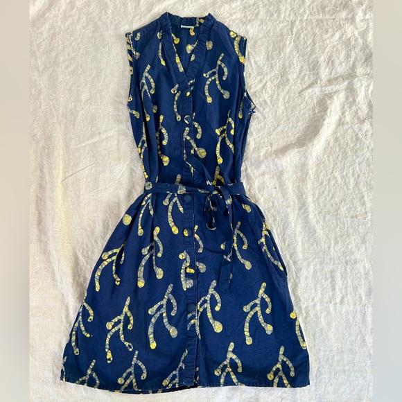 Global Mamas Dresses & Skirts - Global Mama Cotton Sleeveless Tie-Waste Shirt Dress in Ghanaian Blue Print
